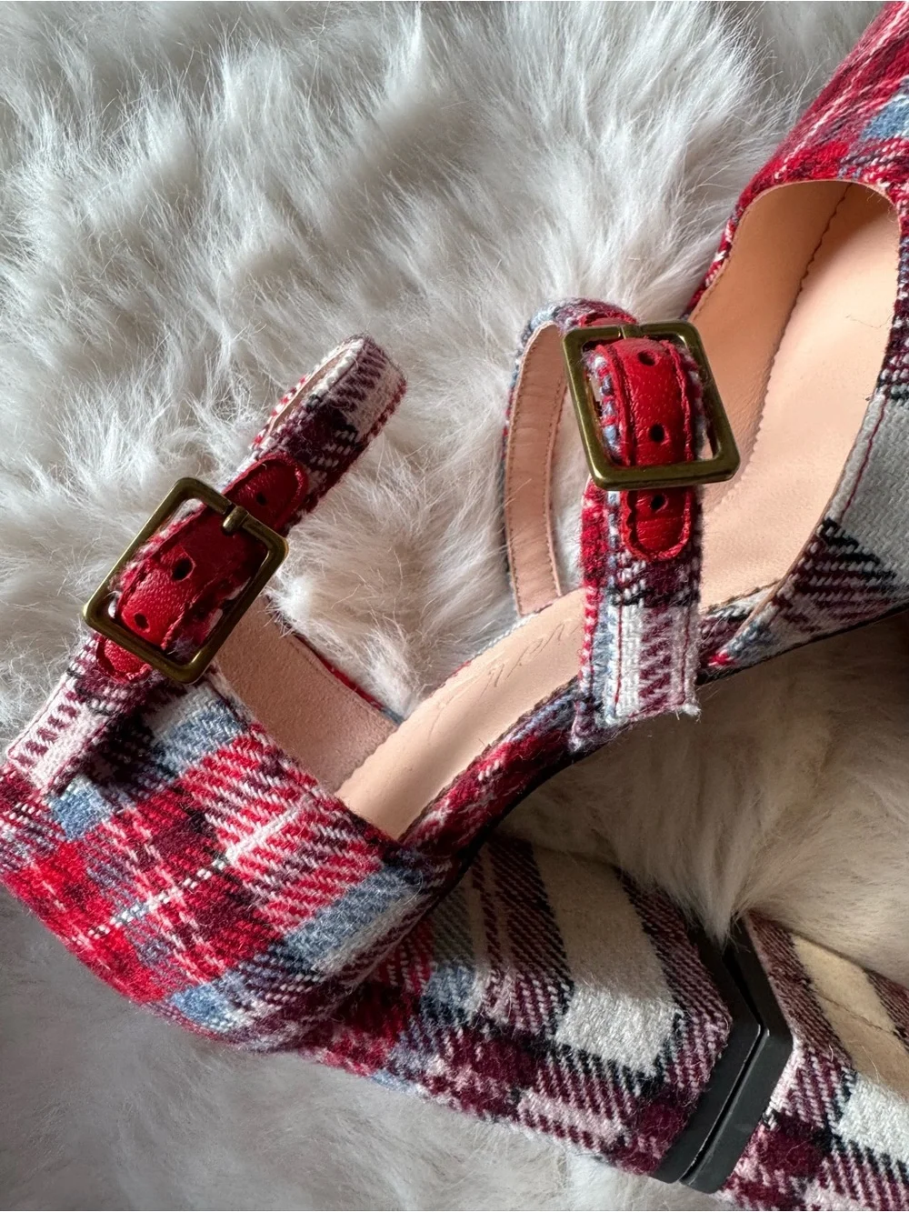 J. Crew Red Plaid Triple-Strap Pointed Pumps